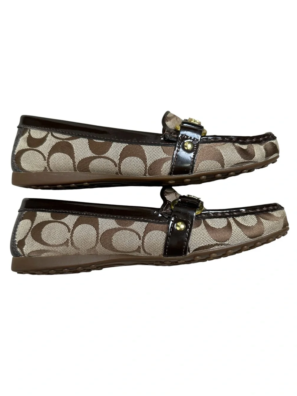 Coach Women’s 6.5B Felisha Signature C Canvas Beige & Brown Leather Trim Loafers